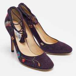 Jimmy Choo Purple Suede Floral Embroidered Chelan Ankle Wrap Pumps Size 40