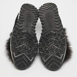 Jimmy Choo Black Knit Fabric and Fur Pom Pom Norway Slip On Sneakers Size 37