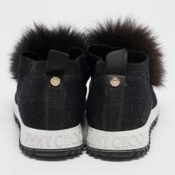 Jimmy Choo Black Knit Fabric and Fur Pom Pom Norway Slip On Sneakers Size 37