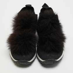 Jimmy Choo Black Knit Fabric and Fur Pom Pom Norway Slip On Sneakers Size 37