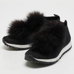 Jimmy Choo Black Knit Fabric and Fur Pom Pom Norway Slip On Sneakers Size 37