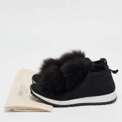 Jimmy Choo Black Knit Fabric and Fur Pom Pom Norway Slip On Sneakers Size 37
