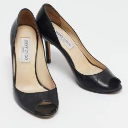 Pre Owned حذاء كعب عالي جيمي تشو إيزابيل جلد أسود لامع مقدمة مفتوحة مقاس 37