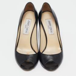 Pre Owned حذاء كعب عالي جيمي تشو إيزابيل جلد أسود لامع مقدمة مفتوحة مقاس 37