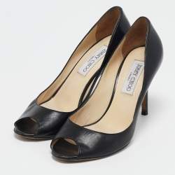 Pre Owned حذاء كعب عالي جيمي تشو إيزابيل جلد أسود لامع مقدمة مفتوحة مقاس 37