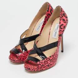 Jimmy Choo Black/Pink Leopard Print Patent Leather Open Toe Pumps Size 40.5