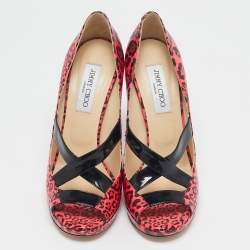 Jimmy Choo Black/Pink Leopard Print Patent Leather Open Toe Pumps Size 40.5