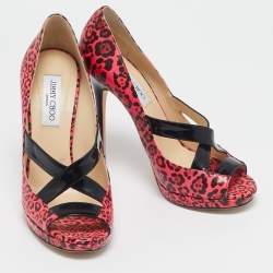 Jimmy Choo Black/Pink Leopard Print Patent Leather Open Toe Pumps Size 40.5