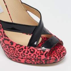 Jimmy Choo Black/Pink Leopard Print Patent Leather Open Toe Pumps Size 40.5