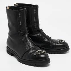 Pre Owned Jimmy Choo Black Leather Crystal Embellished Hatcher Boots Size 41.5