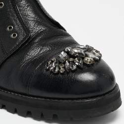 Pre Owned Jimmy Choo Black Leather Crystal Embellished Hatcher Boots Size 41.5