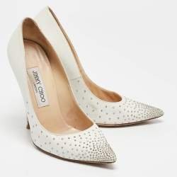 Pre Owned Jimmy Choo White Leather Romy Pearl Embellished Pointed Toe Pumps 36.5