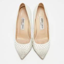 Pre Owned Jimmy Choo White Leather Romy Pearl Embellished Pointed Toe Pumps 36.5