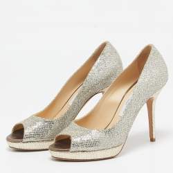 Jimmy Choo Silver Glitter Dahlia Peep Toe Pumps Size 38