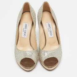 Jimmy Choo Silver Glitter Dahlia Peep Toe Pumps Size 38