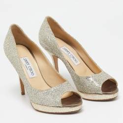 Jimmy Choo Silver Glitter Dahlia Peep Toe Pumps Size 38