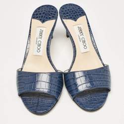 Jimmy Choo Blue Croc Embossed Leather Stacey Slide Sandals Size 37