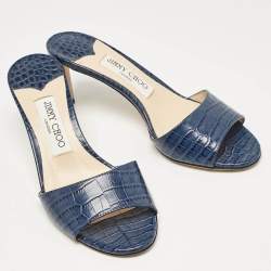 Jimmy Choo Blue Croc Embossed Leather Stacey Slide Sandals Size 37