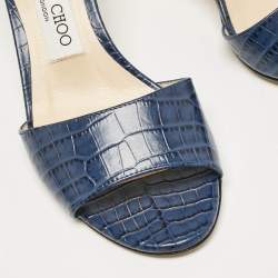 Jimmy Choo Blue Croc Embossed Leather Stacey Slide Sandals Size 37
