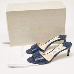 Jimmy Choo Blue Croc Embossed Leather Stacey Slide Sandals Size 37