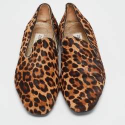 Jimmy Choo Brown Leopard Calf Hair Wheel Smoking Slippers Size 38
