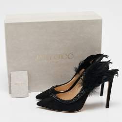 Jimmy Choo Black Suede and Feather Tacey Slingback Pumps Size 38.5