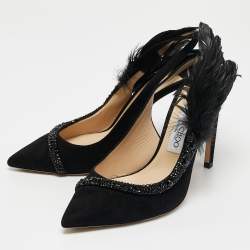 Jimmy Choo Black Suede and Feather Tacey Slingback Pumps Size 38.5