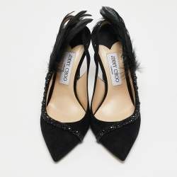 Jimmy Choo Black Suede and Feather Tacey Slingback Pumps Size 38.5