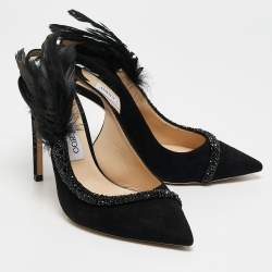 Jimmy Choo Black Suede and Feather Tacey Slingback Pumps Size 38.5