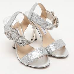 Jimmy Choo Silver Glitter Ankle Strap Sandals Size 35