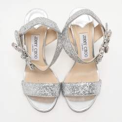 Jimmy Choo Silver Glitter Ankle Strap Sandals Size 35