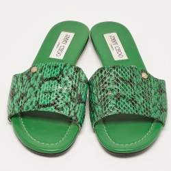 Jimmy Choo Green Python Leather Nanda Flat Sandals Size 38