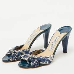 Jimmy Choo Blue/White Printed Canvas Knotted Slide Sandals Size 36.5