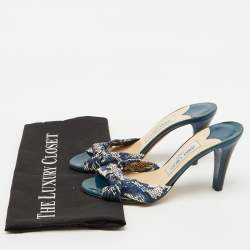 Jimmy Choo Blue/White Printed Canvas Knotted Slide Sandals Size 36.5