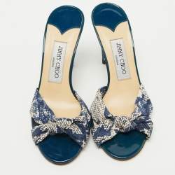 Jimmy Choo Blue/White Printed Canvas Knotted Slide Sandals Size 36.5
