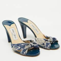 Jimmy Choo Blue/White Printed Canvas Knotted Slide Sandals Size 36.5
