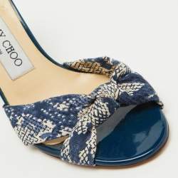 Jimmy Choo Blue/White Printed Canvas Knotted Slide Sandals Size 36.5