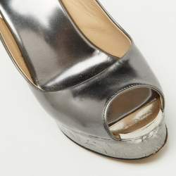 Jimmy Choo Metallic Grey Leather Cork Platform Wedge Slingback Sandals Size 37.5