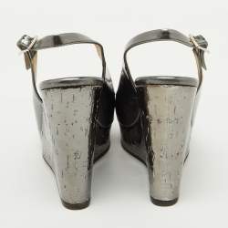 Jimmy Choo Metallic Grey Leather Cork Platform Wedge Slingback Sandals Size 37.5