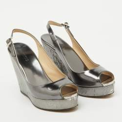 Jimmy Choo Metallic Grey Leather Cork Platform Wedge Slingback Sandals Size 37.5