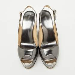Jimmy Choo Metallic Grey Leather Cork Platform Wedge Slingback Sandals Size 37.5
