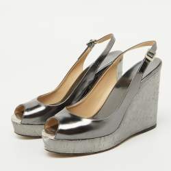 Jimmy Choo Metallic Grey Leather Cork Platform Wedge Slingback Sandals Size 37.5