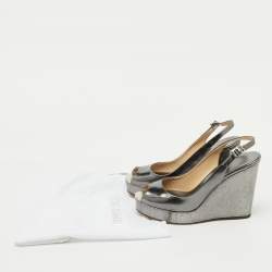 Jimmy Choo Metallic Grey Leather Cork Platform Wedge Slingback Sandals Size 37.5