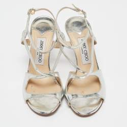 Pre Owned Jimmy Choo Silver Mirror Leather Paxton Cross Strap Sandals Size 36
