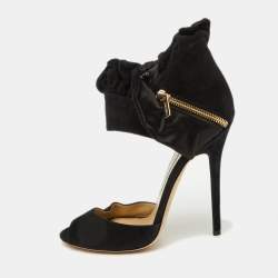 Jimmy Choo Black Suede and Satin Ruffle Ankle Strap Sandals Size 38