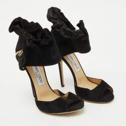 Jimmy Choo Black Suede and Satin Ruffle Ankle Strap Sandals Size 38