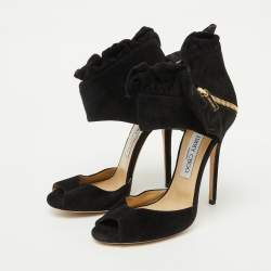 Jimmy Choo Black Suede and Satin Ruffle Ankle Strap Sandals Size 38