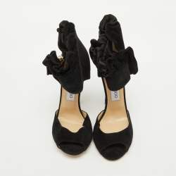 Jimmy Choo Black Suede and Satin Ruffle Ankle Strap Sandals Size 38