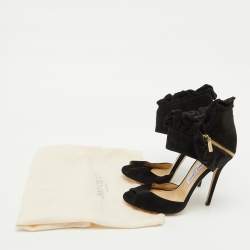 Jimmy Choo Black Suede and Satin Ruffle Ankle Strap Sandals Size 38