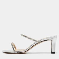 Pre Owned Jimmy Choo Silver Leather Crystal Embellished Slide Sandals Size 37